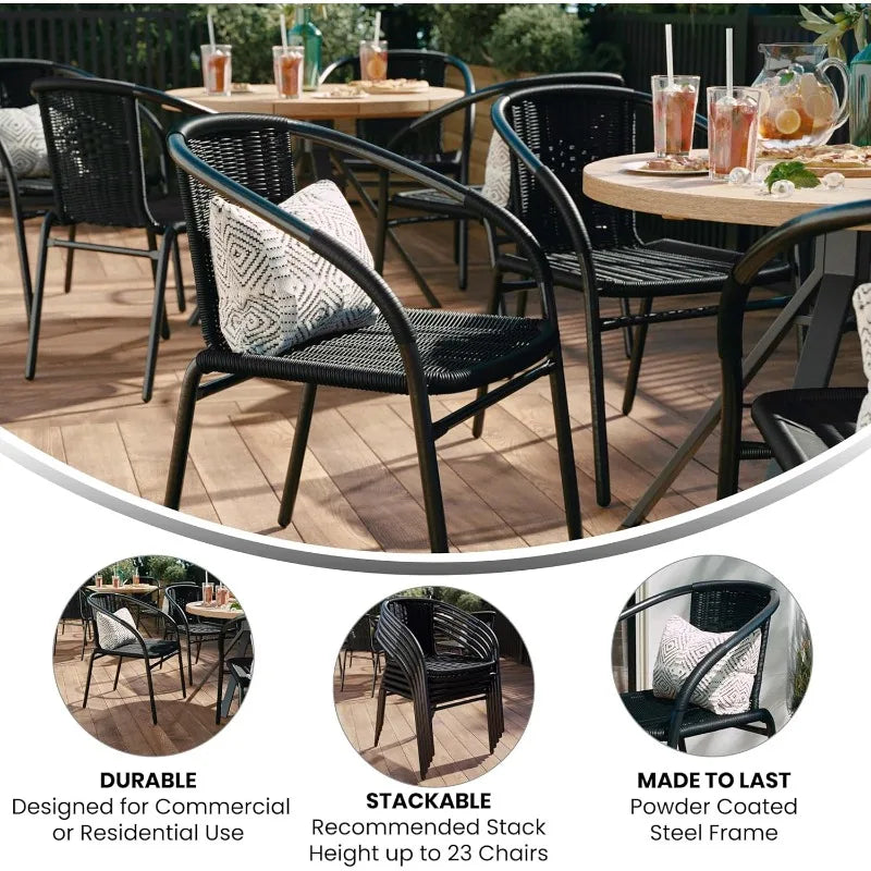 Set Of 2 Modern Rattan Indoor/Outdoor Stack Chairs, Stacking Rattan Patio Chairs With Curved Back And Cross