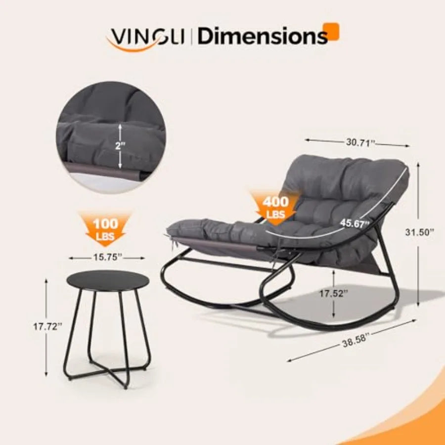 VINGLI Rocking Patio Chairs Set of 2 with Side Table Heavy Duty 400 LBS Capacity Padded Outdoor Indoor Rockers Grey
