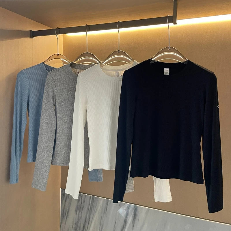 Yoga Round Neck Long Sleeve T-Shirt Women's New Threaded Knitted High Elastic Bottom Slim Skinny Casual Sports Top