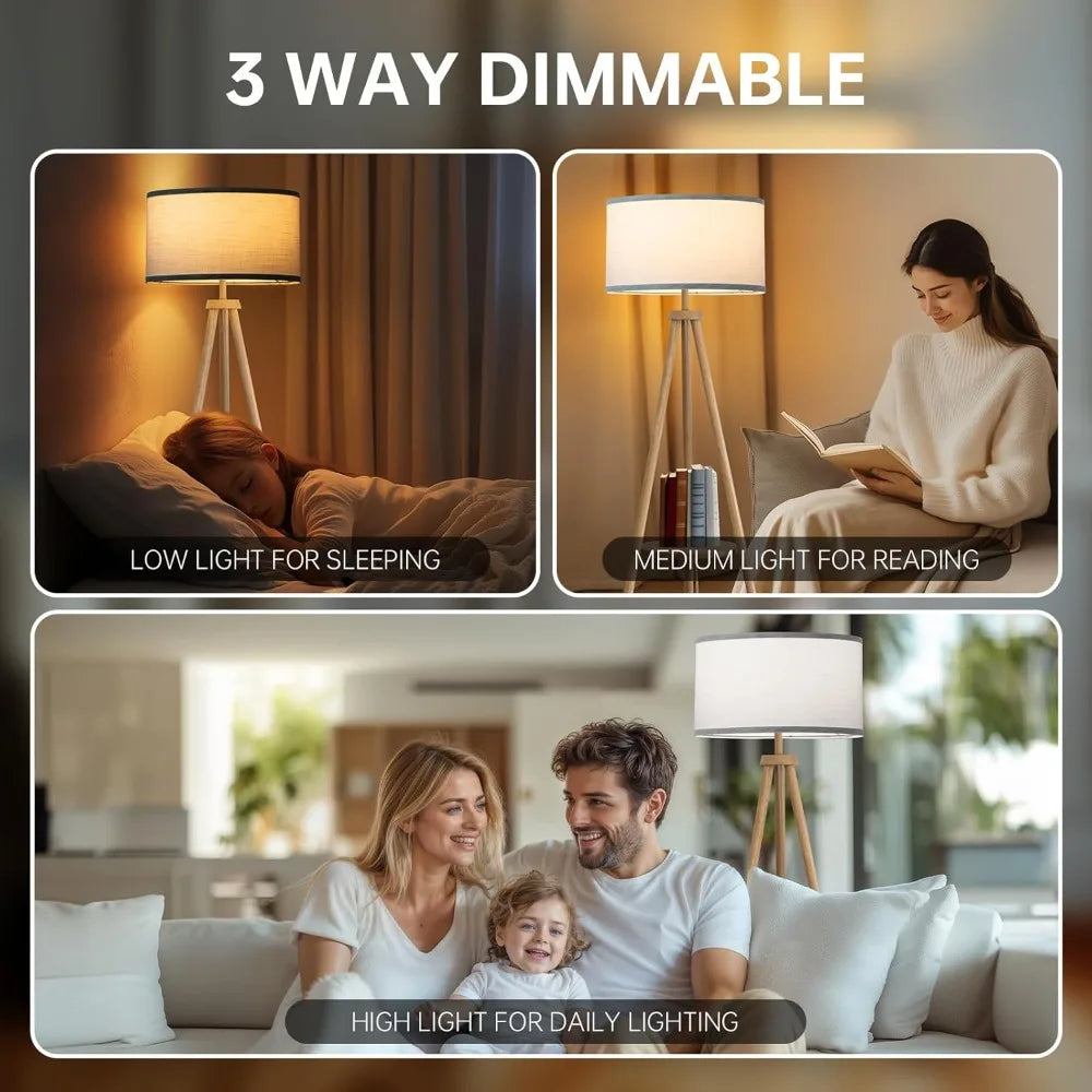 Floor Lamp with 3 Light Modes Adjustable– Wood Tripod Floor Lamp Modern LED Standing Lamp with Dimmable Brightness, Perfect