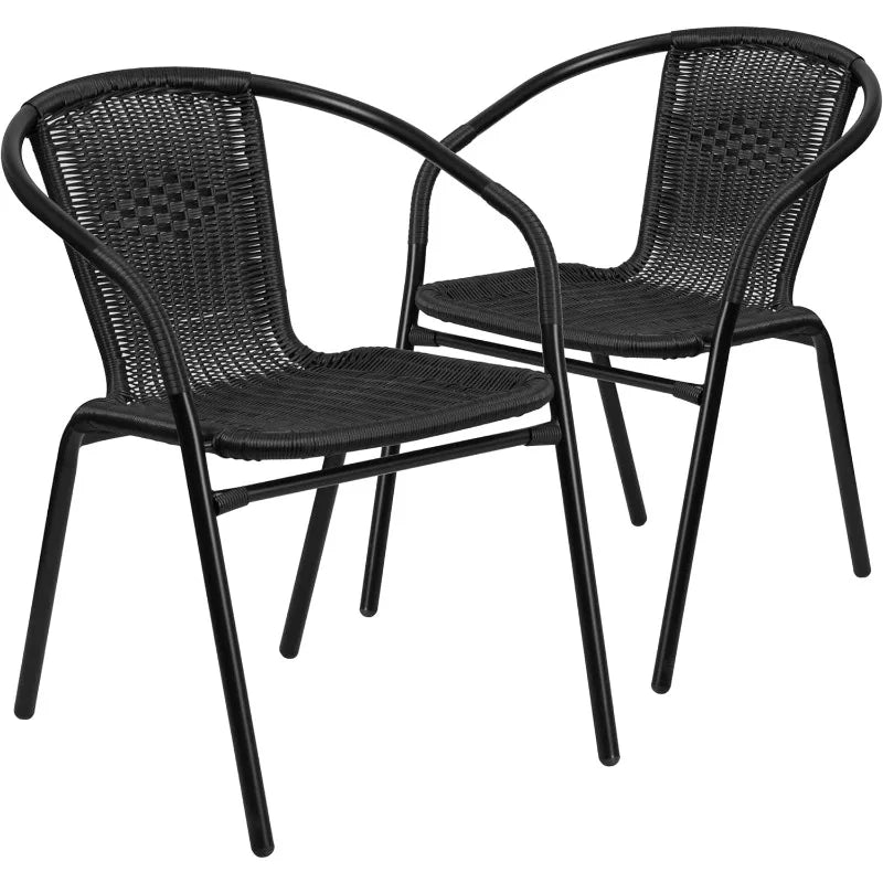 Set Of 2 Modern Rattan Indoor/Outdoor Stack Chairs, Stacking Rattan Patio Chairs With Curved Back And Cross