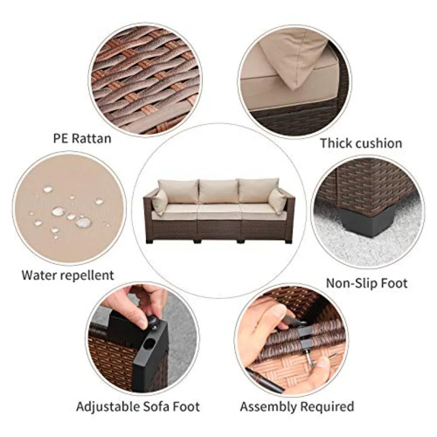 Patio Couch PE Wicker 3-Seat Outdoor Brown Rattan Sofa Deep Seating Furniture with Non-Slip Beige Cushion