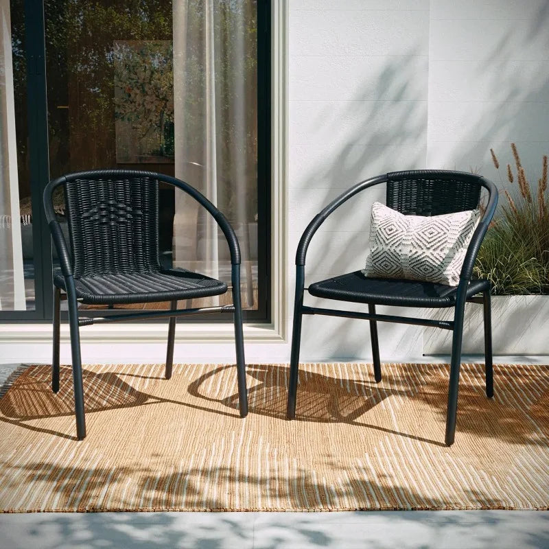 Set Of 2 Modern Rattan Indoor/Outdoor Stack Chairs, Stacking Rattan Patio Chairs With Curved Back And Cross