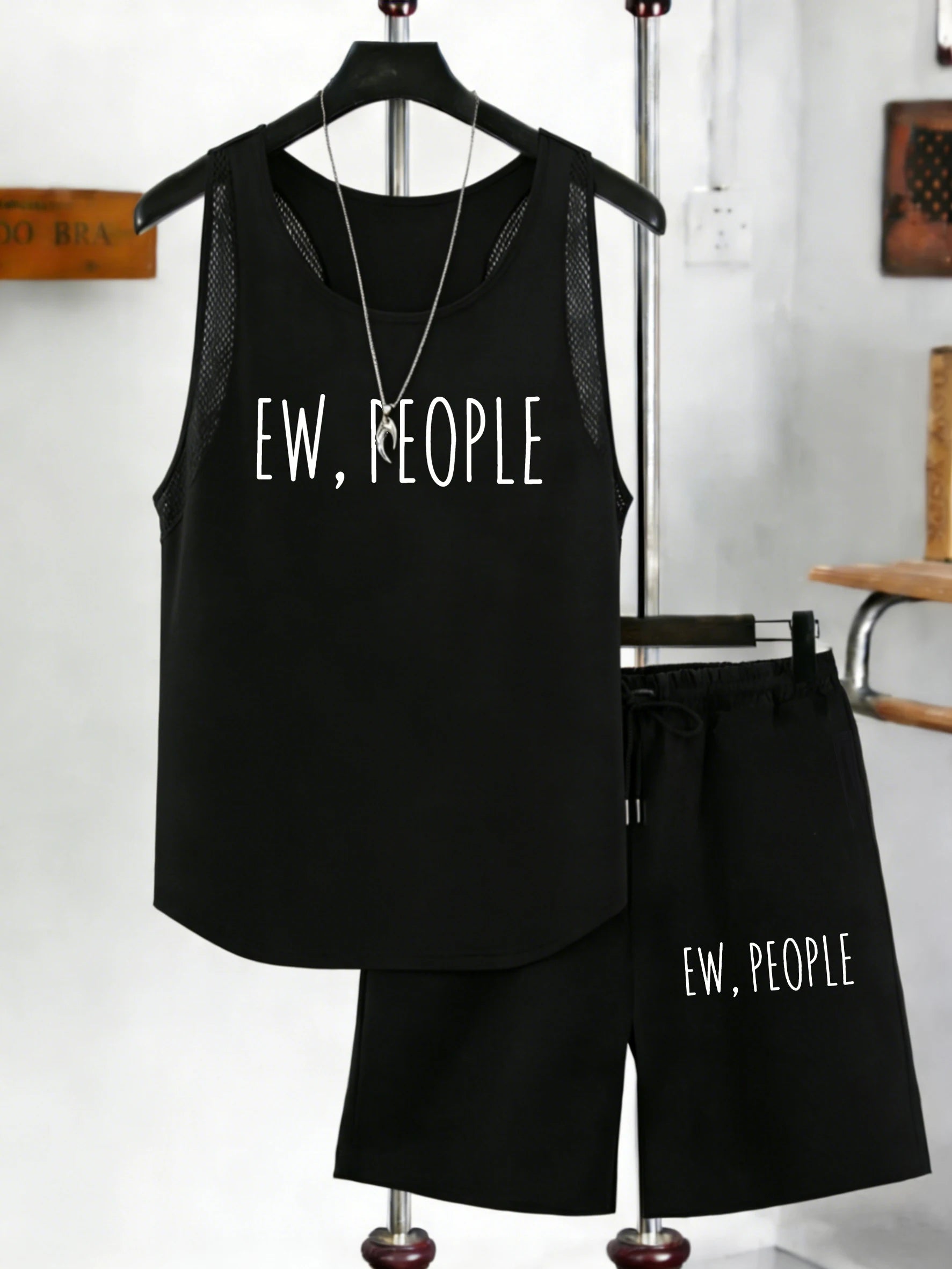 Ew People Art Letter Print Men Mesh Tank Tops Suits Crewneck Sleeveless Vest Summer Pocket Drawstring Black Pant Wide-Leg Shorts