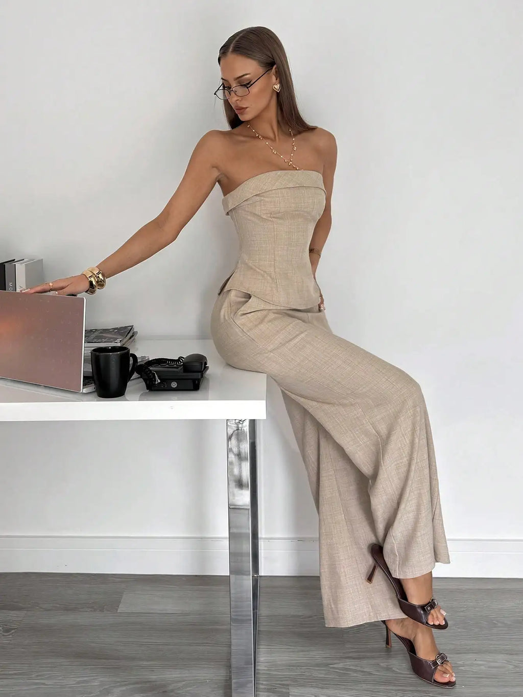 Beige Two-Piece Suit Set with Strapless Top & Wide Leg Pants for Office or Casual Wear