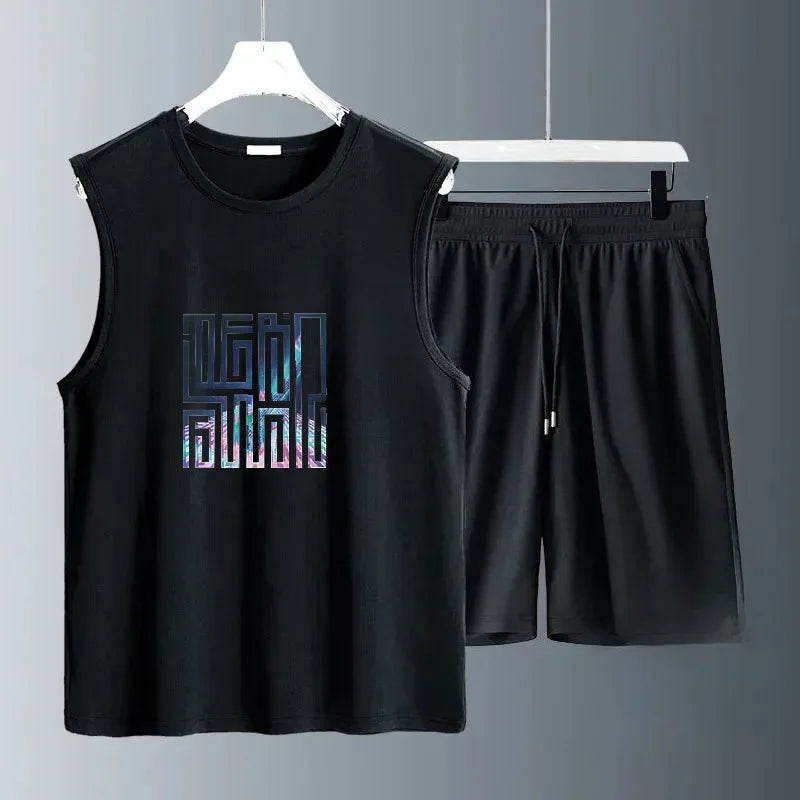 Summer Mens Casual Basketball Outfit 2 Piece Breathable Short Sleeve Tshirt and Jogging Shorts Set Street Sportwear for Men Thin