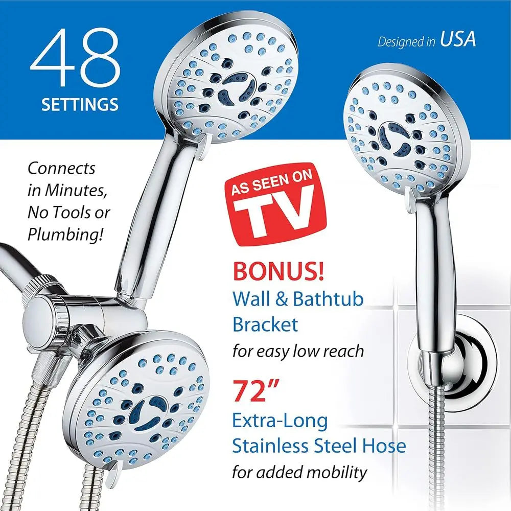 AquaCare As-Seen-On-TV High Prure 48-setting Rain & Handheld 3-way Shower Combo - Anti-clog Nozzles/Tub, Tile & Pet Power Wash/E