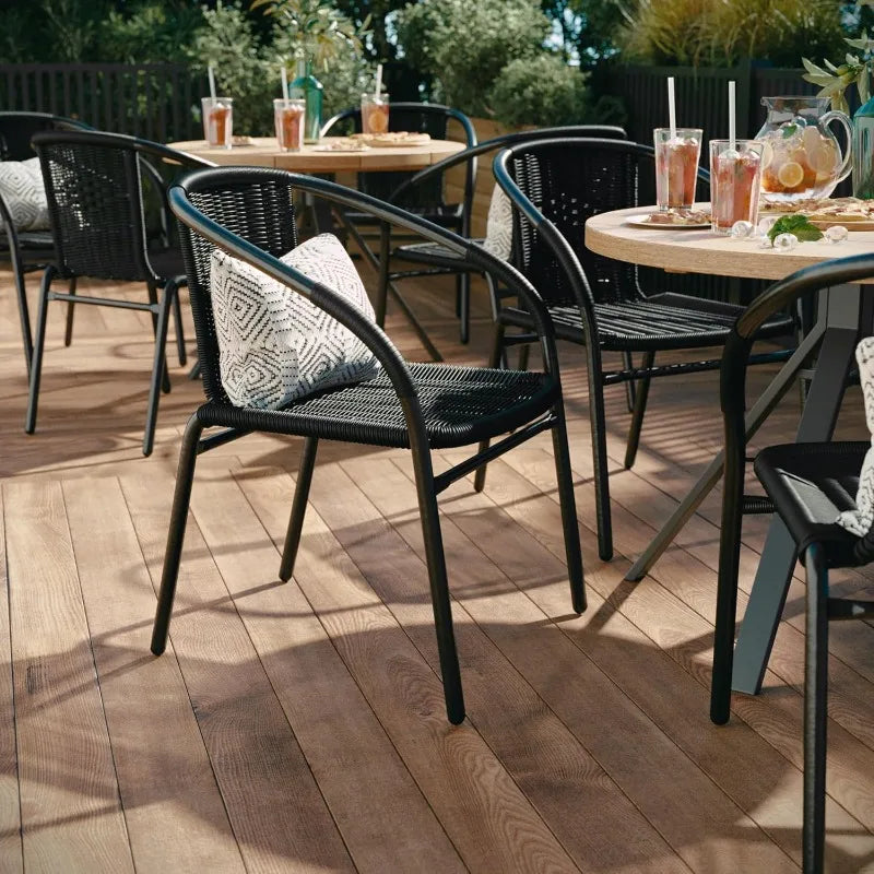 Set Of 2 Modern Rattan Indoor/Outdoor Stack Chairs, Stacking Rattan Patio Chairs With Curved Back And Cross
