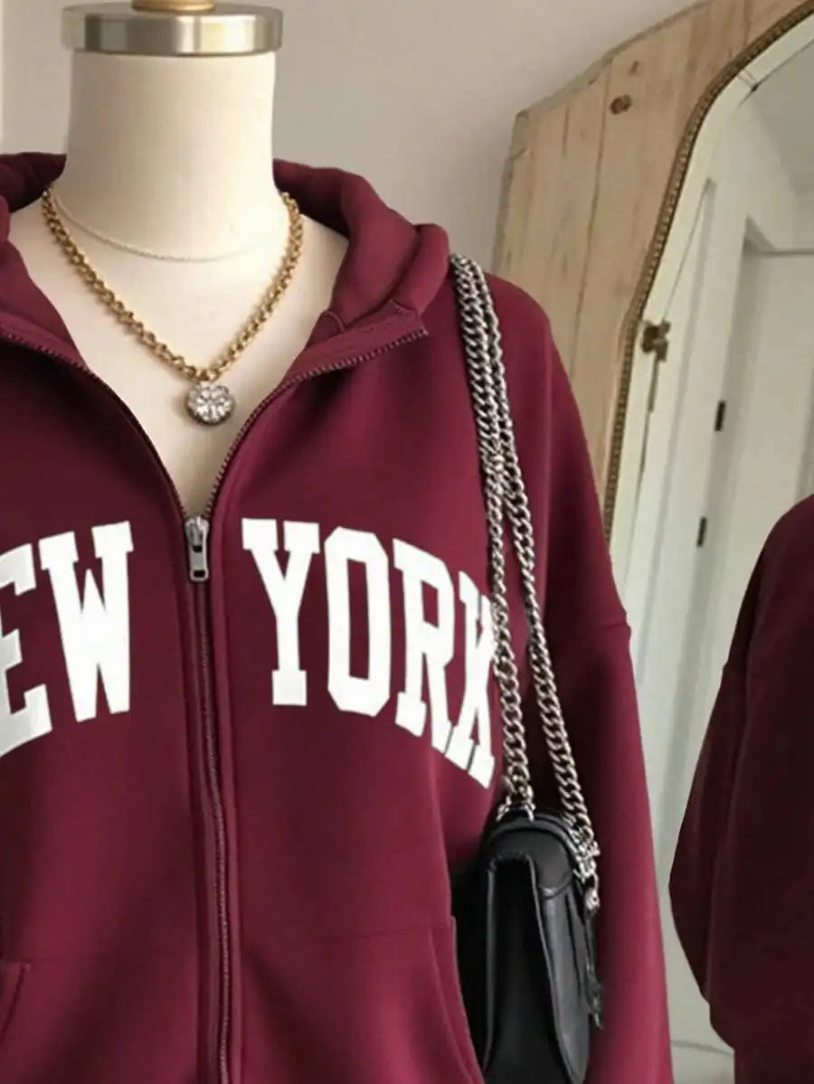 Women's Oversized Zip-Up Hoodie with Bold Arch Letter Graphic