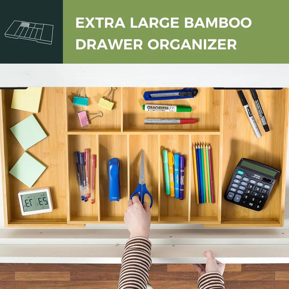 Extra Large Kitchen Utensil Holder, Bamboo Silverware Drawer Organizer, Expandable Cutlery Organizer with Knife Block