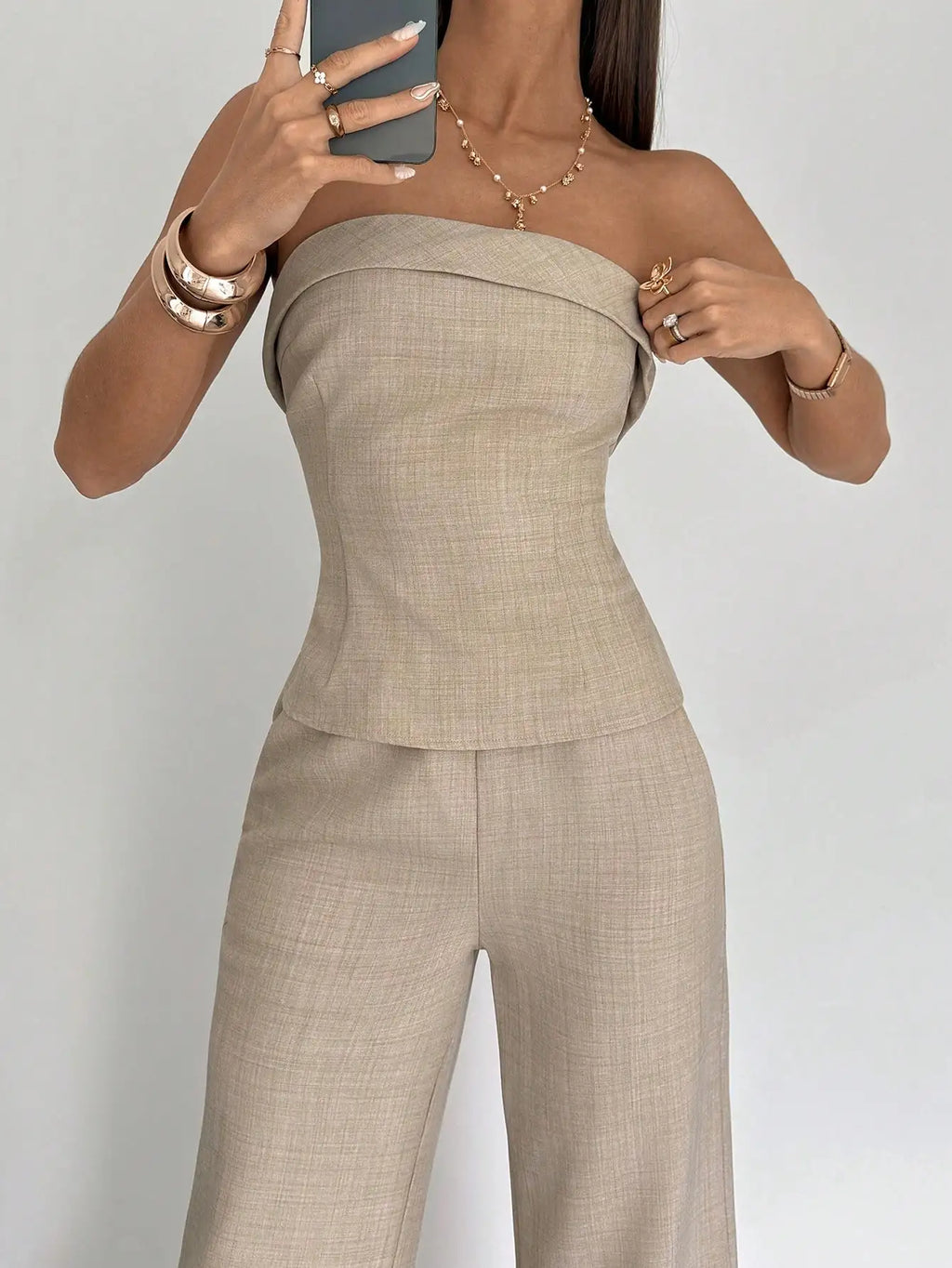 Beige Two-Piece Suit Set with Strapless Top & Wide Leg Pants for Office or Casual Wear