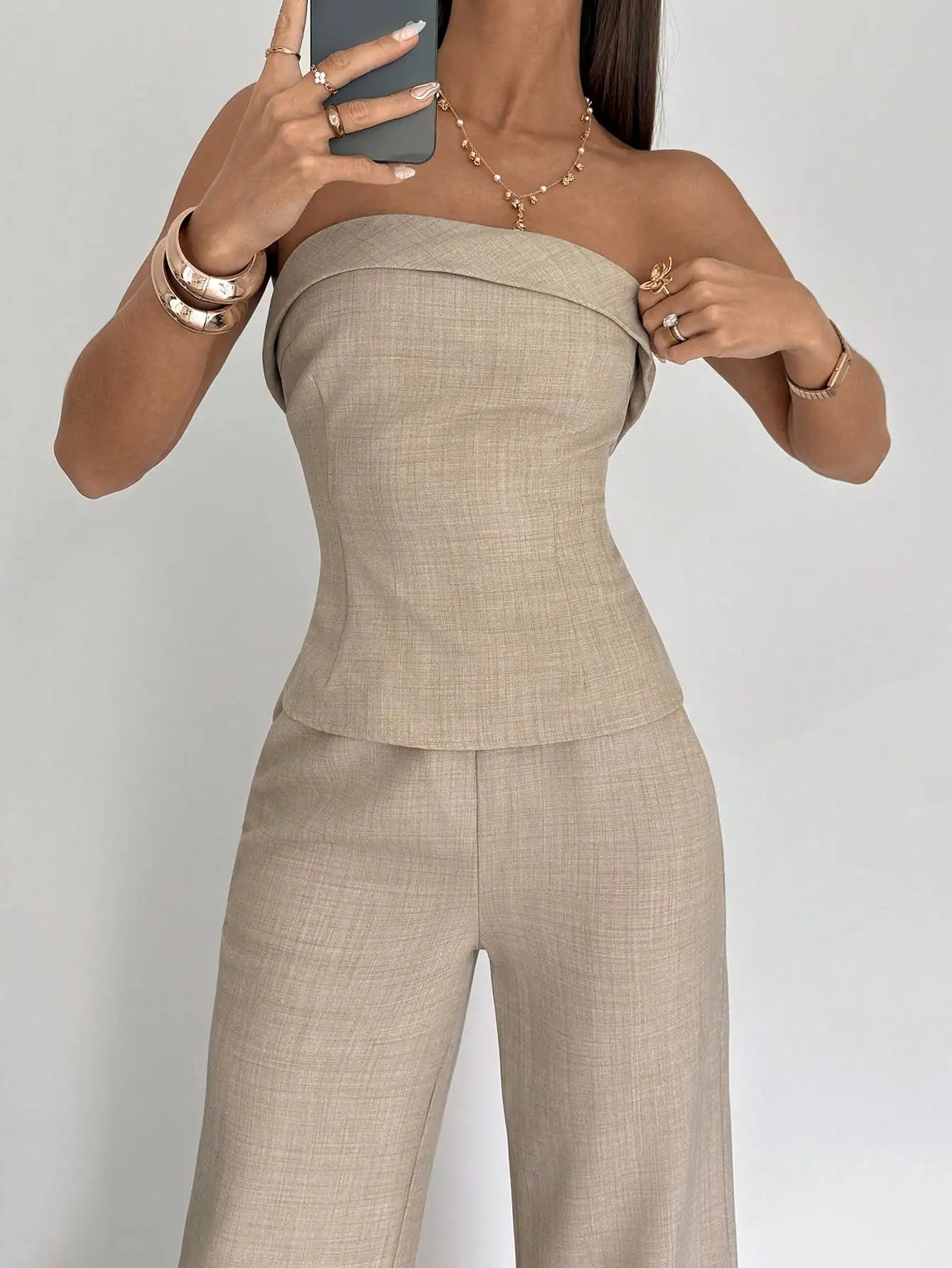 Beige Two-Piece Suit Set with Strapless Top & Wide Leg Pants for Office or Casual Wear