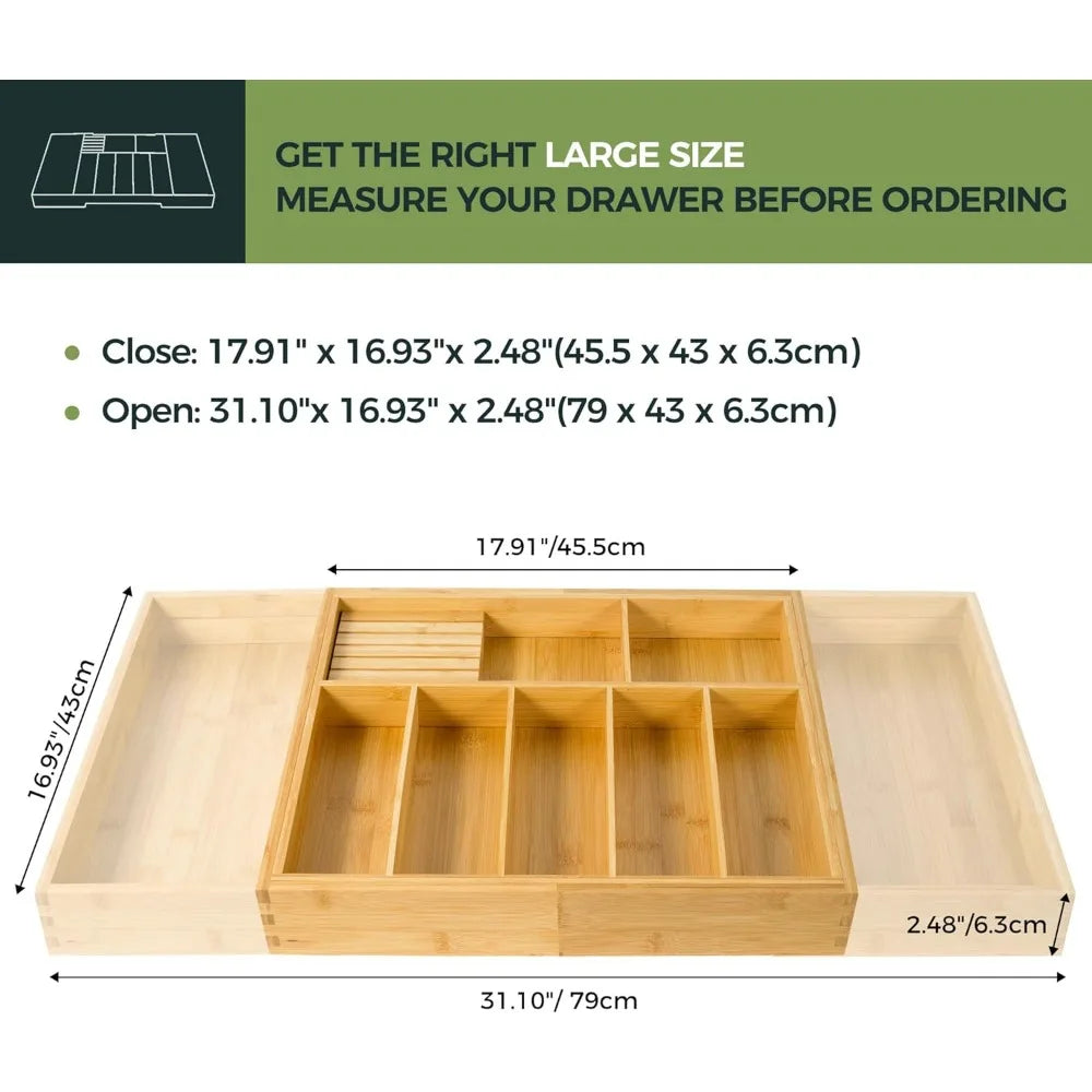 Extra Large Kitchen Utensil Holder, Bamboo Silverware Drawer Organizer, Expandable Cutlery Organizer with Knife Block