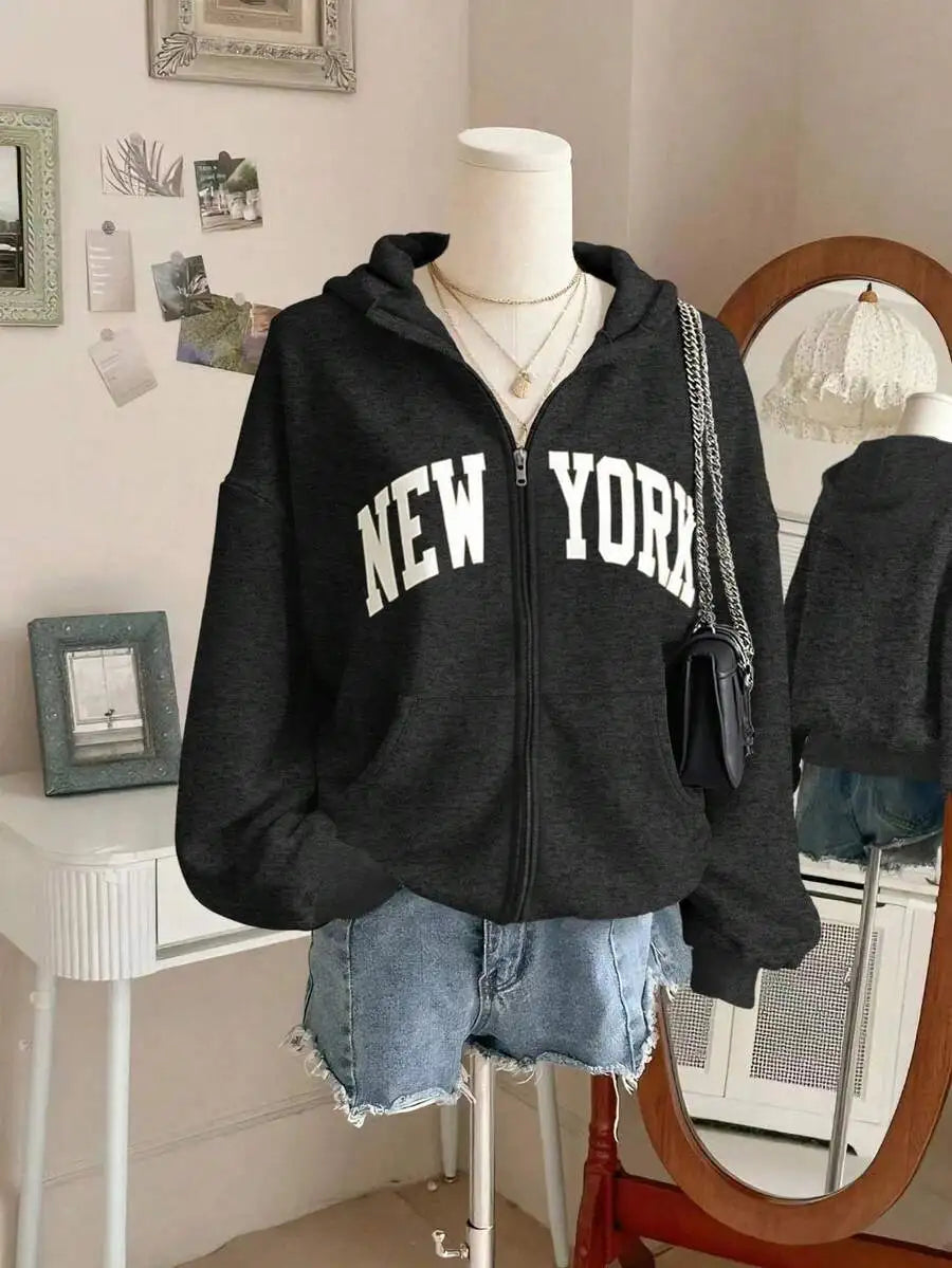 Women's Oversized Zip-Up Hoodie with Bold Arch Letter Graphic