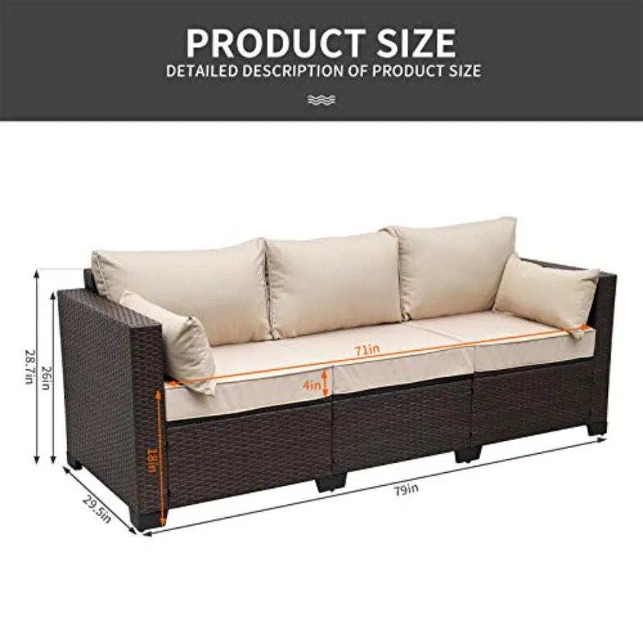 Patio Couch PE Wicker 3-Seat Outdoor Brown Rattan Sofa Deep Seating Furniture with Non-Slip Beige Cushion