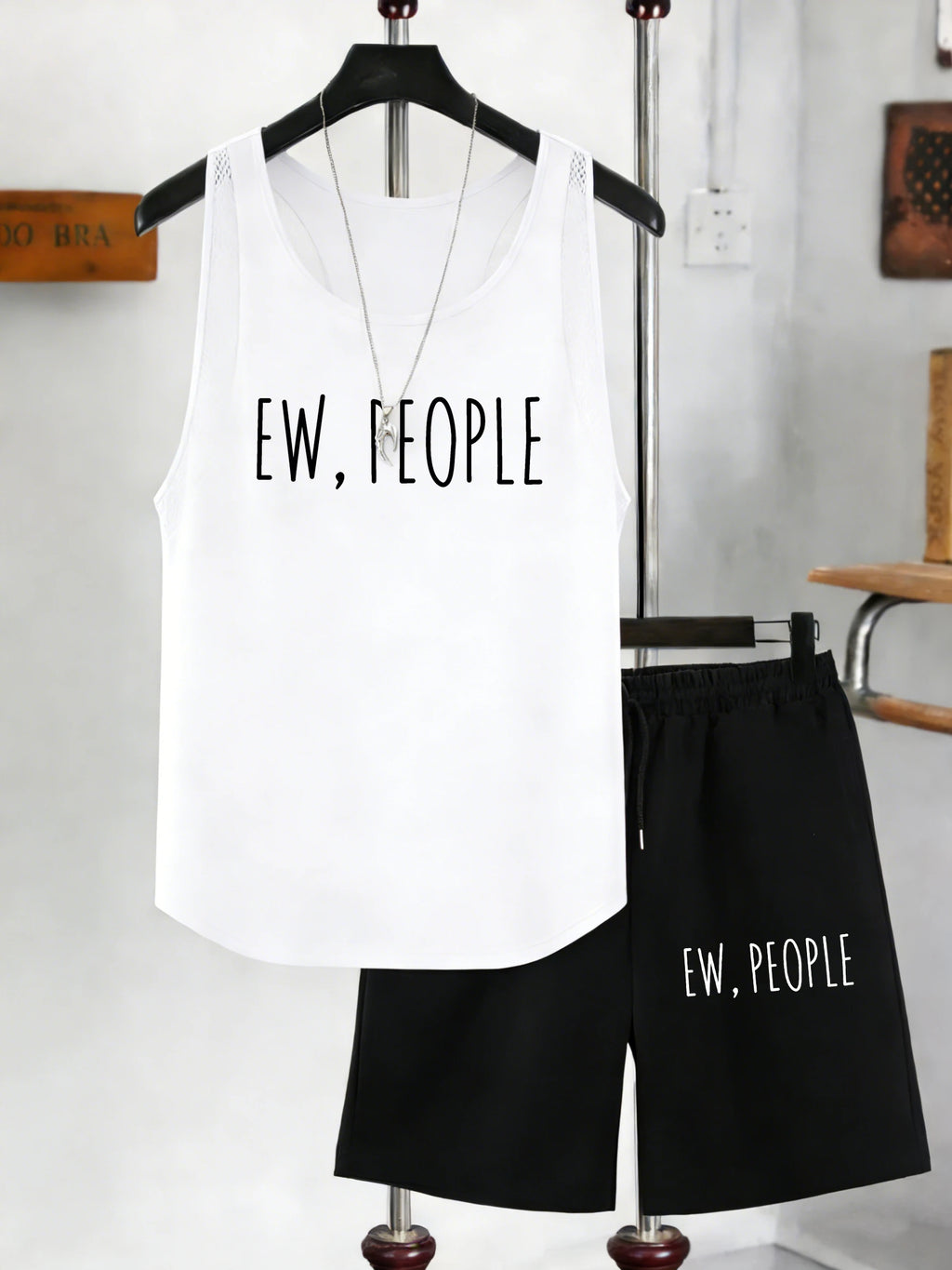 Ew People Art Letter Print Men Mesh Tank Tops Suits Crewneck Sleeveless Vest Summer Pocket Drawstring Black Pant Wide-Leg Shorts