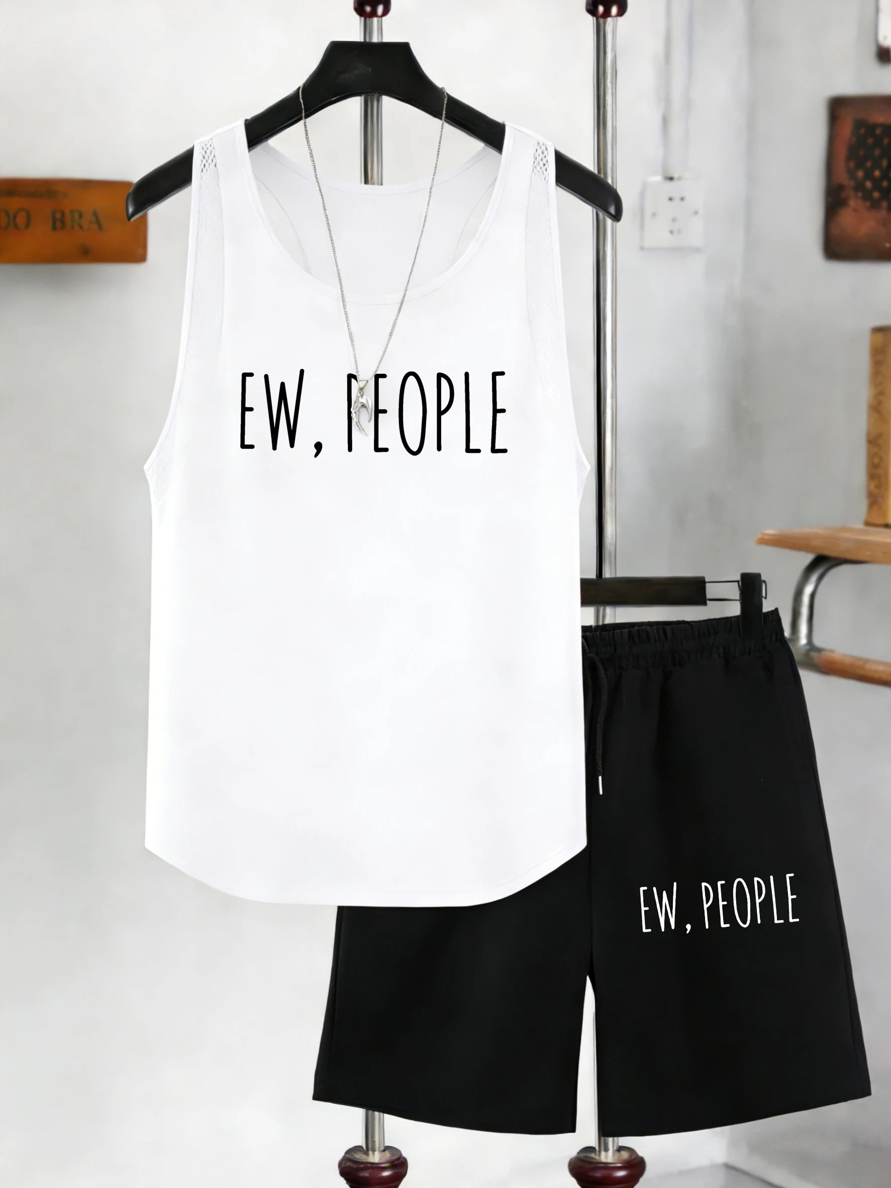 Ew People Art Letter Print Men Mesh Tank Tops Suits Crewneck Sleeveless Vest Summer Pocket Drawstring Black Pant Wide-Leg Shorts