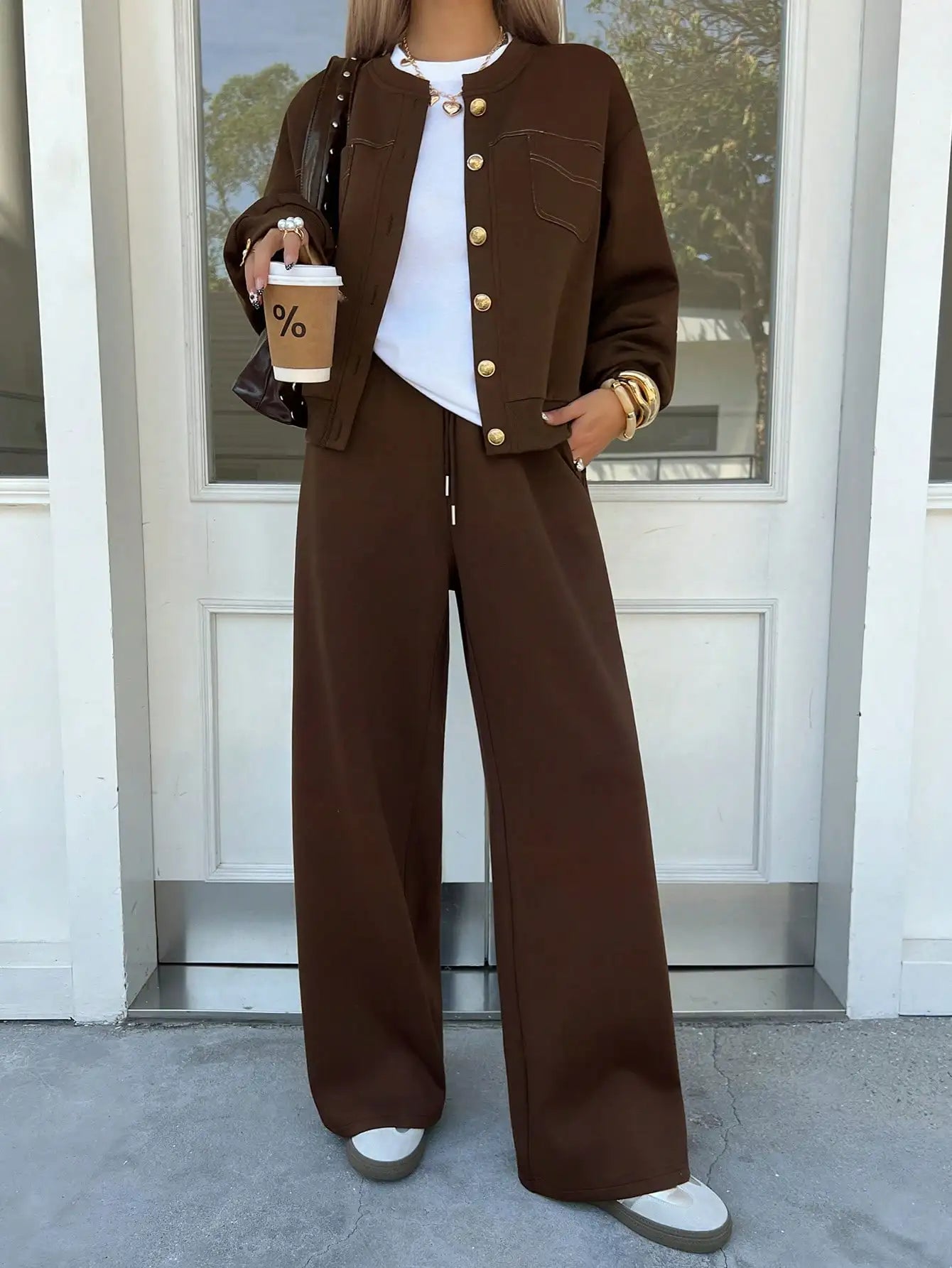 Brown Drop Shoulder Button Front Jacket & Wide Leg Pants 2 Piece Set for Casual Fall Outfits