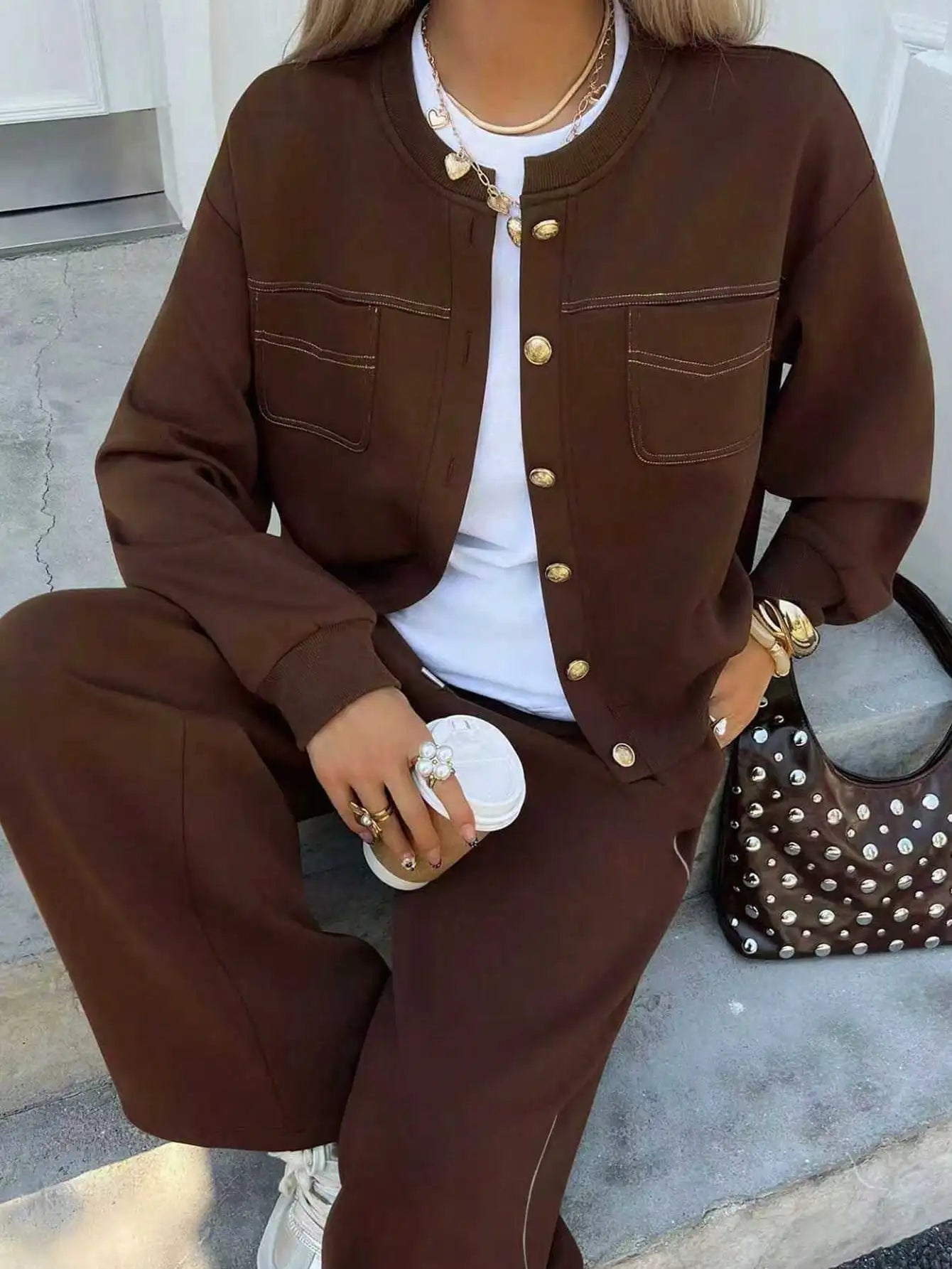 Brown Drop Shoulder Button Front Jacket & Wide Leg Pants 2 Piece Set for Casual Fall Outfits
