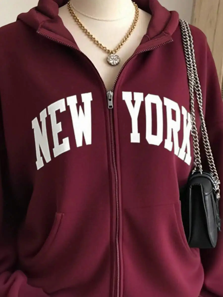 Women's Oversized Zip-Up Hoodie with Bold Arch Letter Graphic