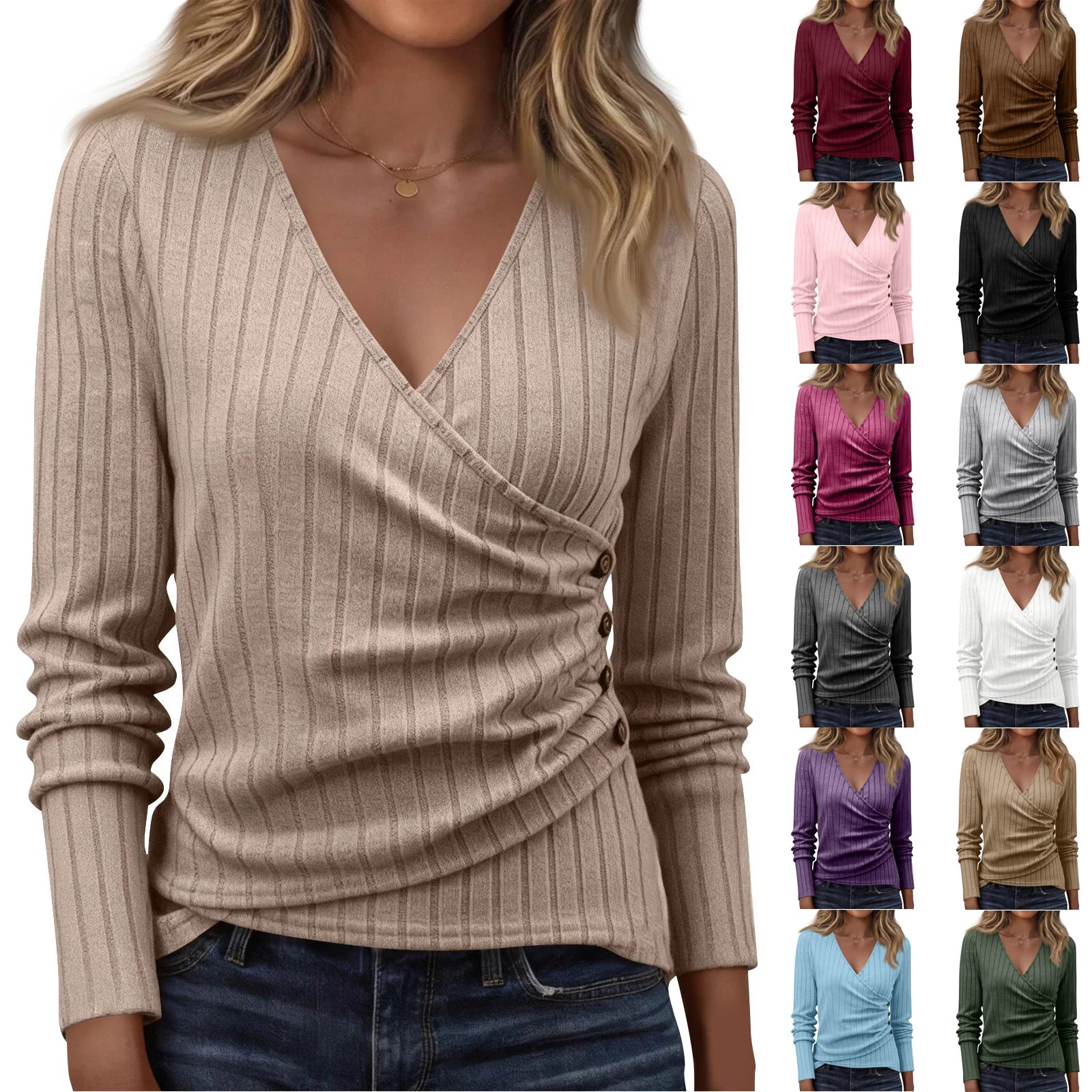 Women Daily Comfortable Pullover Casual Long Sleeve V Neck Solid Color Top Female Spring Outdoor Daily Fashion Cozy Clothes