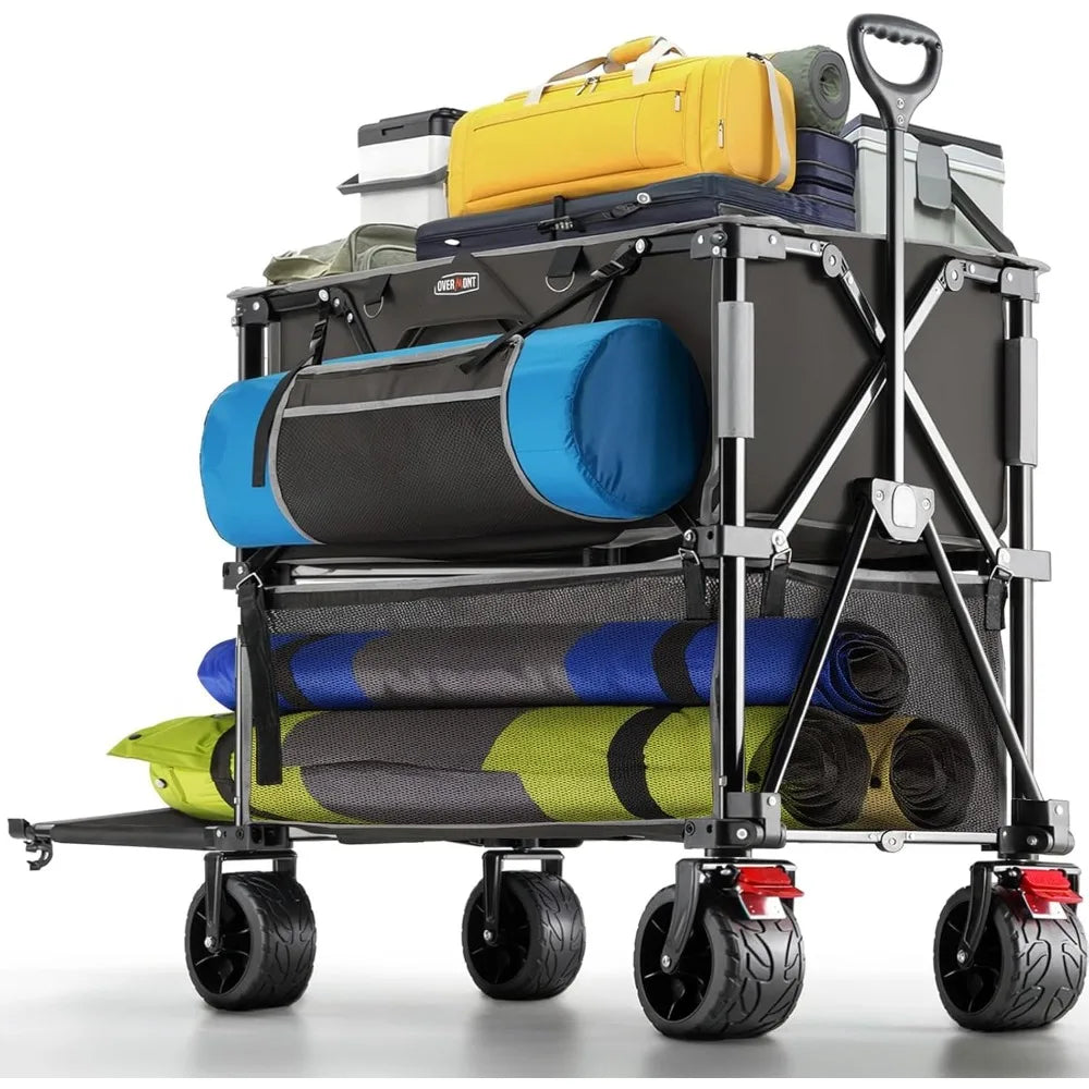 400L Foldable Double Decker Wagon - Large Capacity Collapsible Wagon Cart- 47" Extra Long Extender - All-Terrain Big Wheels