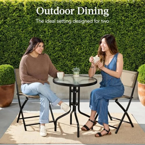 3-Piece Patio Bistro Dining Furniture Set w/Textured Glass Tabletop 2 Steel Folding Chairs Polyester Fabric - Beige
