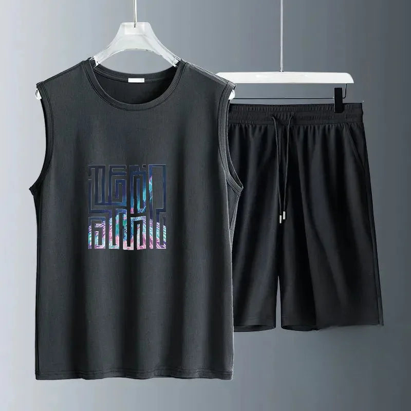 Summer Mens Casual Basketball Outfit 2 Piece Breathable Short Sleeve Tshirt and Jogging Shorts Set Street Sportwear for Men Thin