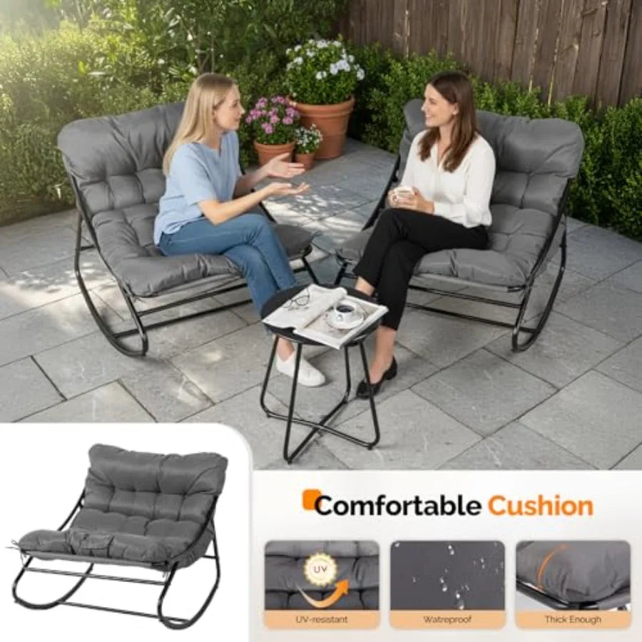 VINGLI Rocking Patio Chairs Set of 2 with Side Table Heavy Duty 400 LBS Capacity Padded Outdoor Indoor Rockers Grey