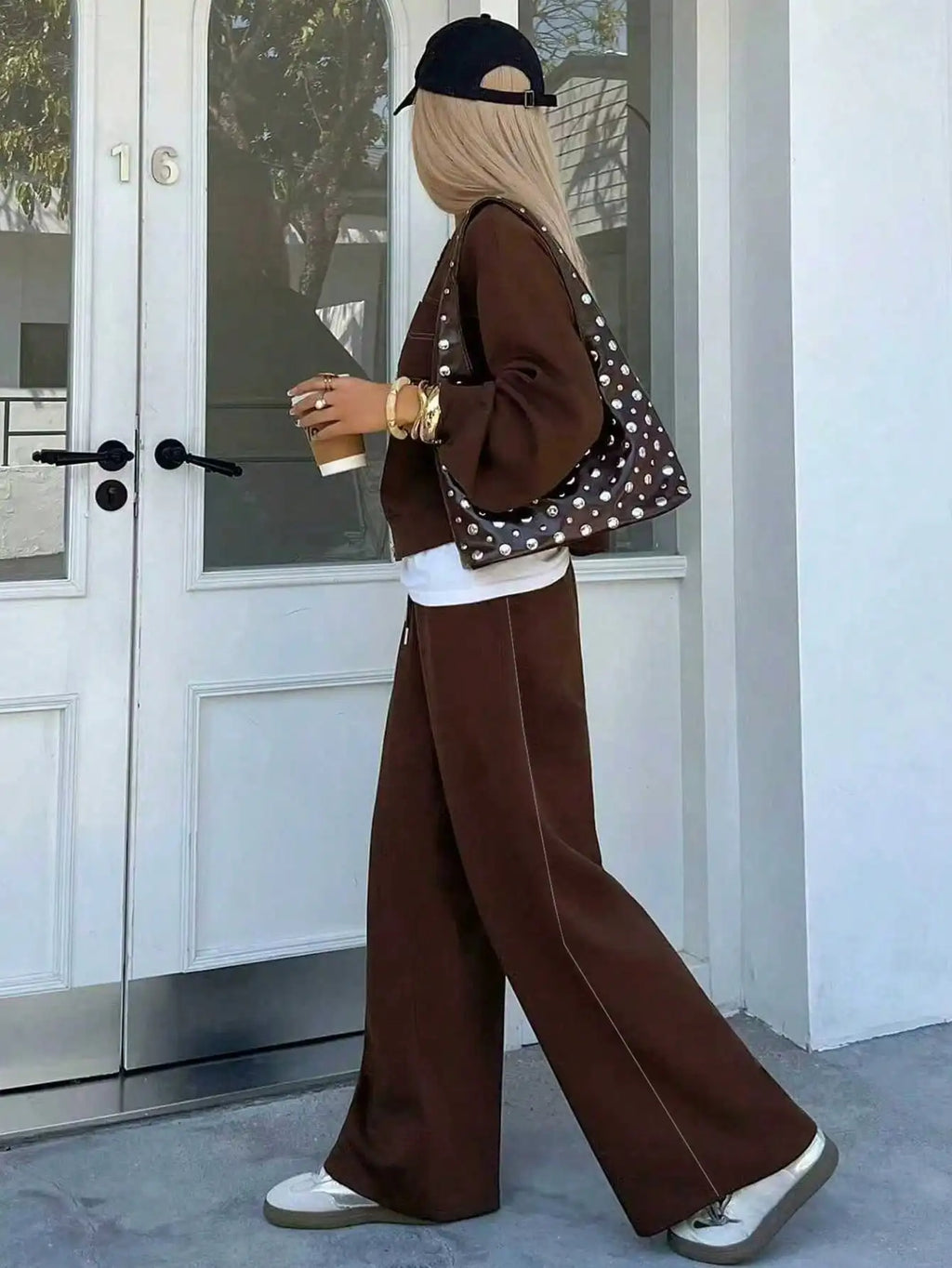 Brown Drop Shoulder Button Front Jacket & Wide Leg Pants 2 Piece Set for Casual Fall Outfits