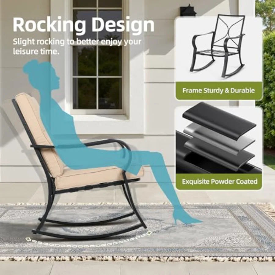 SUNCROWN Outdoor 3-Piece Rocking Chairs Patio Bistro Set Black Steel Furniture with Thickened Cushion and Glass-Top Coffee Tabl