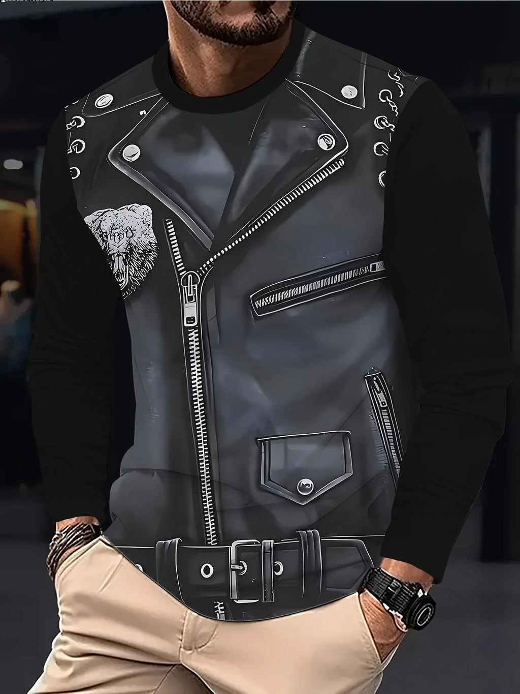 Men's 3D Digital Print Long Sleeve T-Shirt Casual Imitation Zipper Leather Pattern Breathable Novelty T-Shirt 2026 Gift Choice