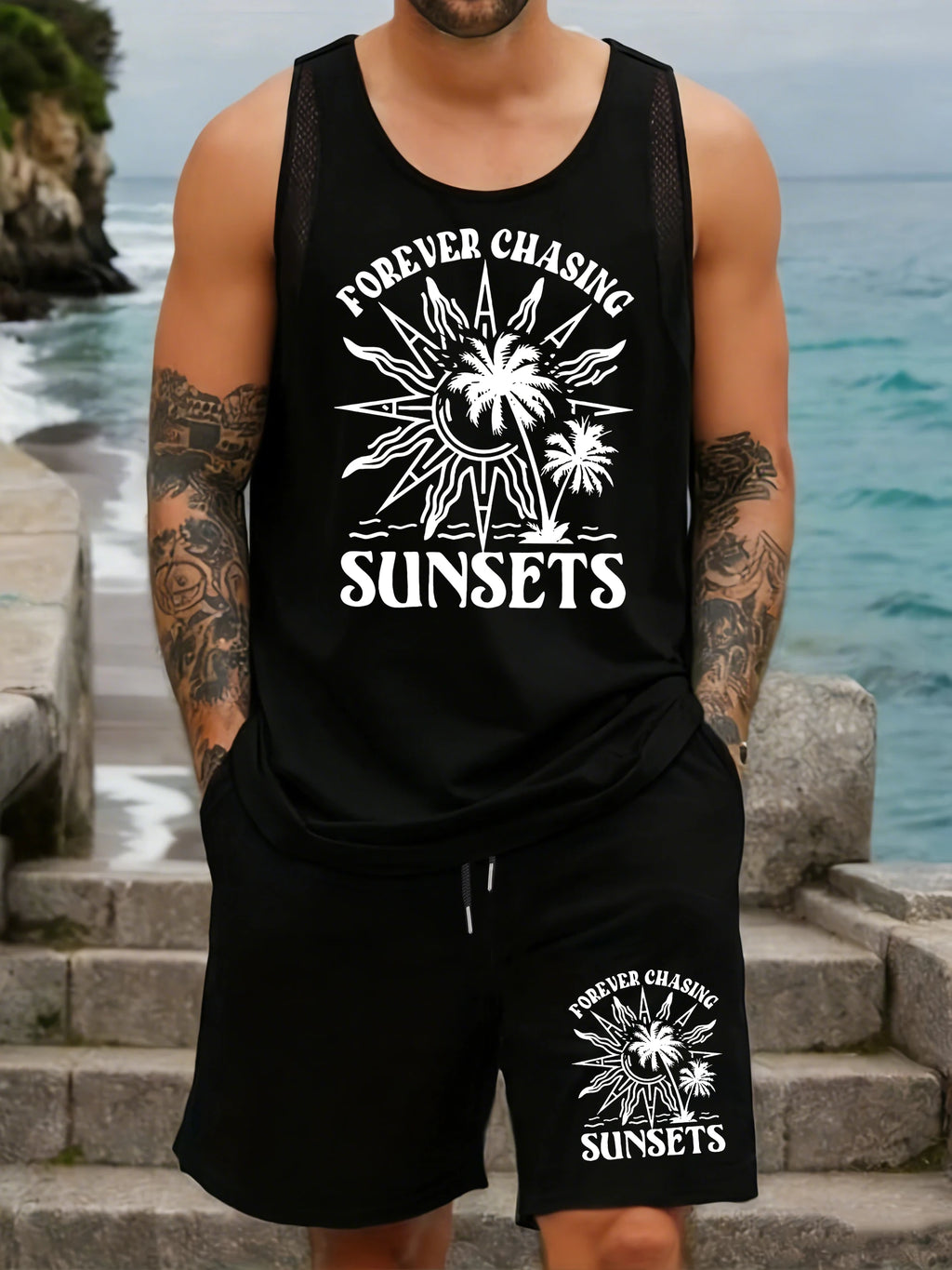 Forever Chasing Sunset Design Men Mesh Tank Tops Sets Fitness Summer Top Crewneck Sleeveless Vest Wide-Leg Pocket Shorts