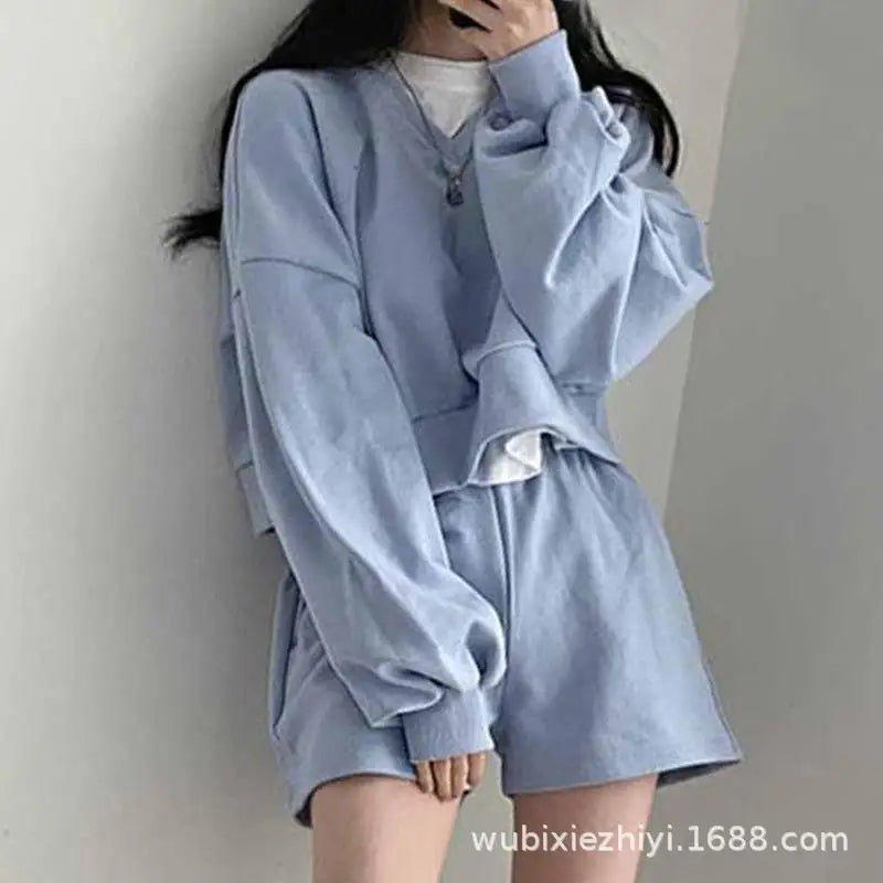 Korean Set Lazy V Neck Pullover Sweatshirt Set Loose Long Sleeve Casual Loungewear Set High Waist Wide Leg Shorts Outfit