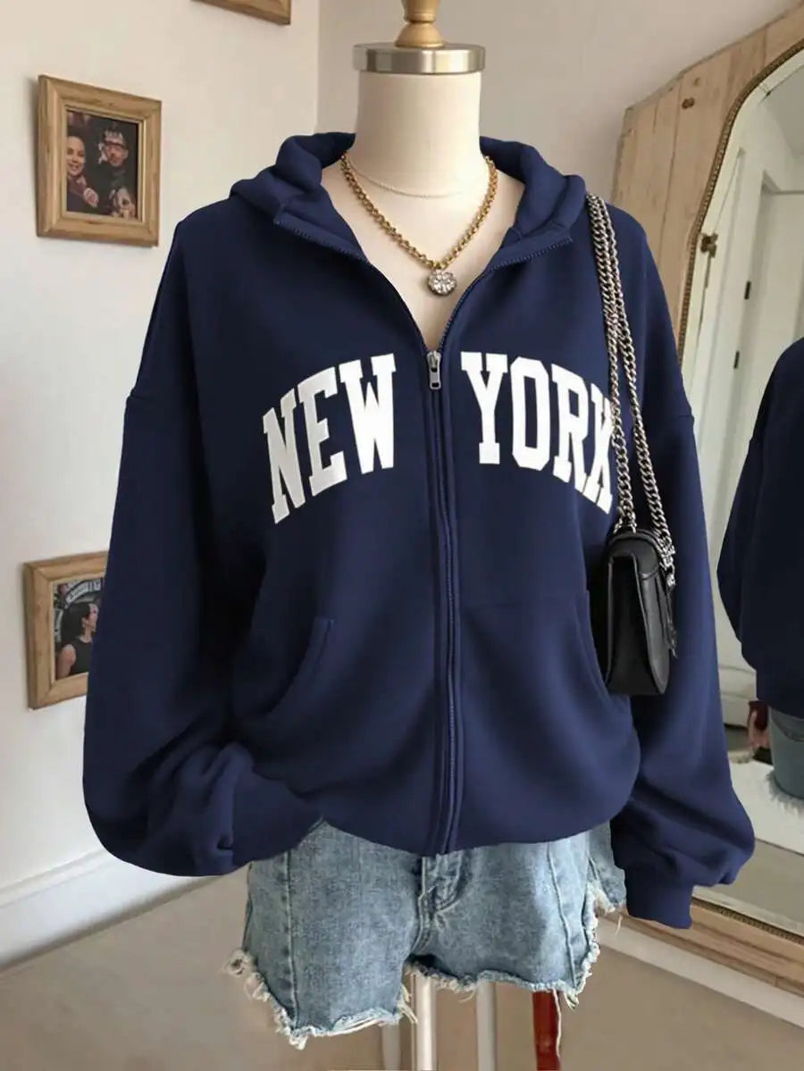 Women's Oversized Zip-Up Hoodie with Bold Arch Letter Graphic