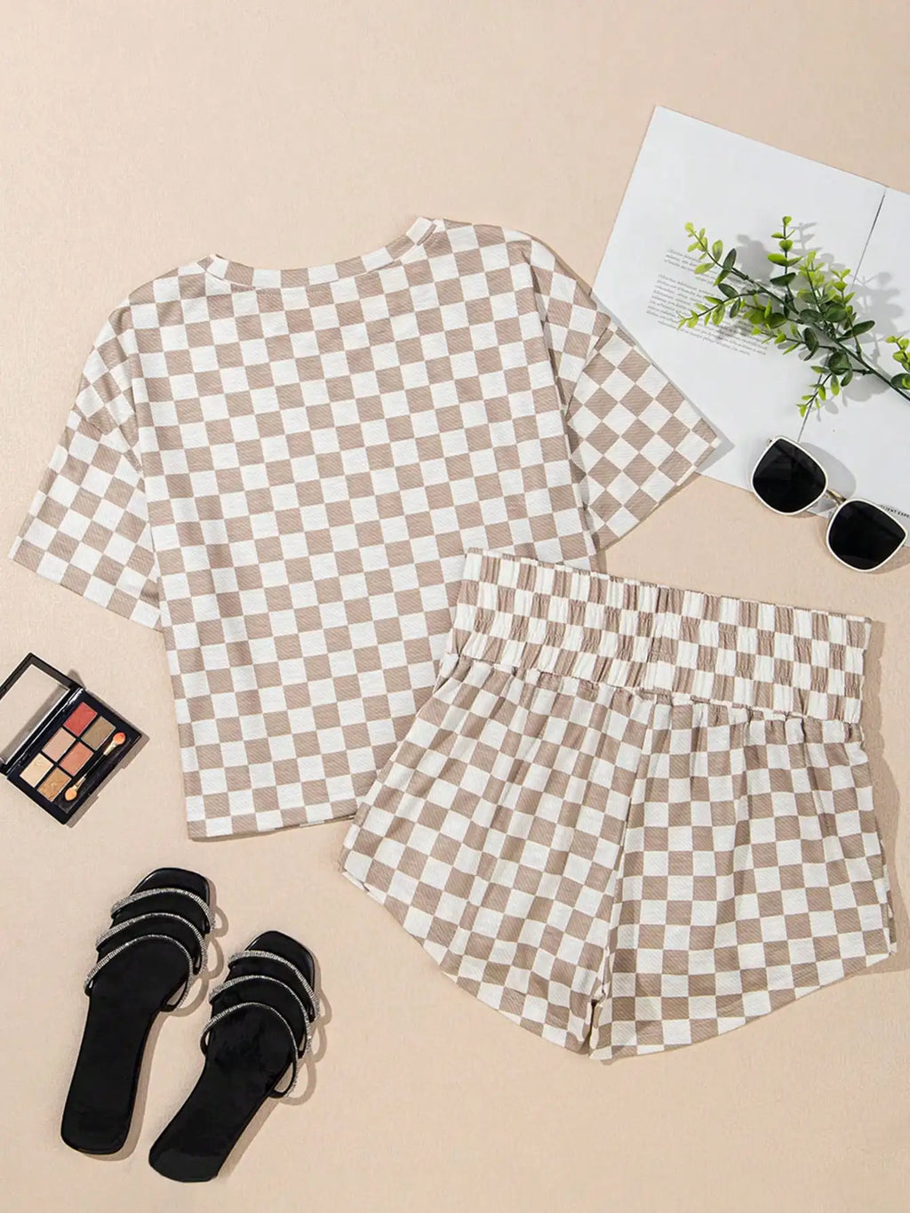 Brown & White Checkered 2-Piece Set: Short Sleeve Top + High Waist Skirt for Casual & Home Wear