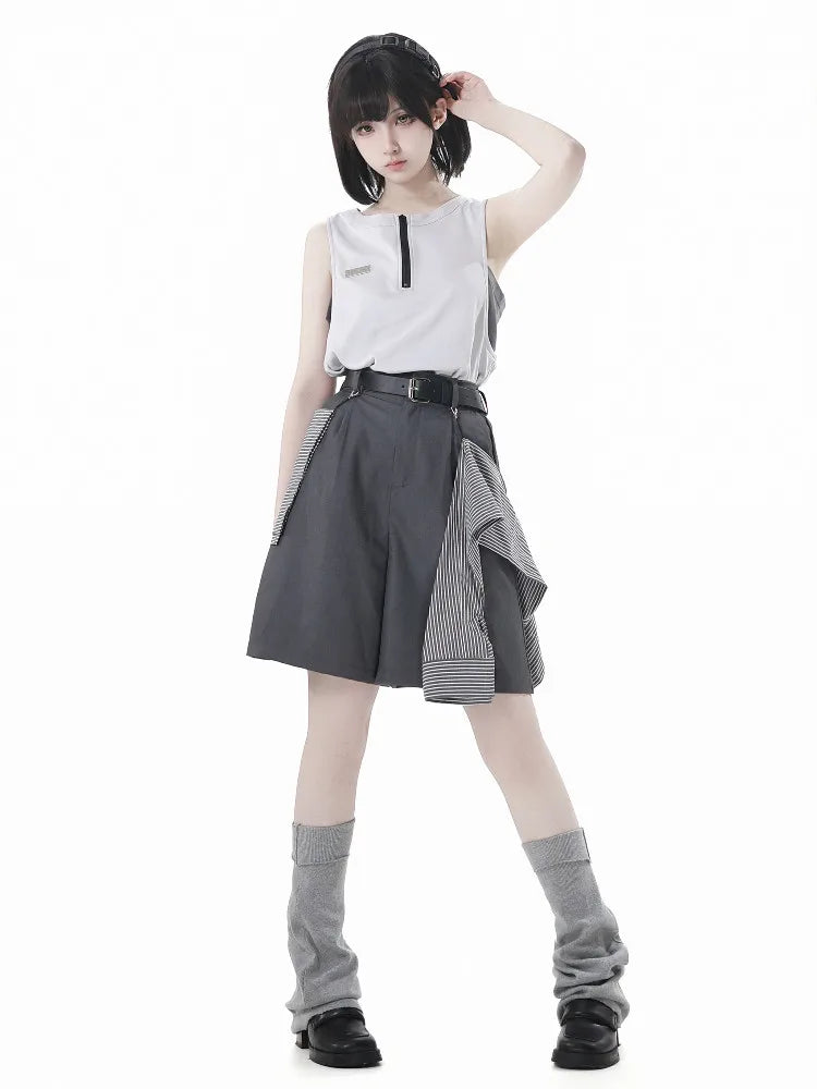 Neutral Design Vest Hooded Jacket Apricot Gray Casual Suit Summer Daily Versatile Casual Hooded Short-sleeved Jacket Shorts Suit