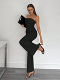 Beige Two-Piece Suit Set with Strapless Top & Wide Leg Pants for Office or Casual Wear