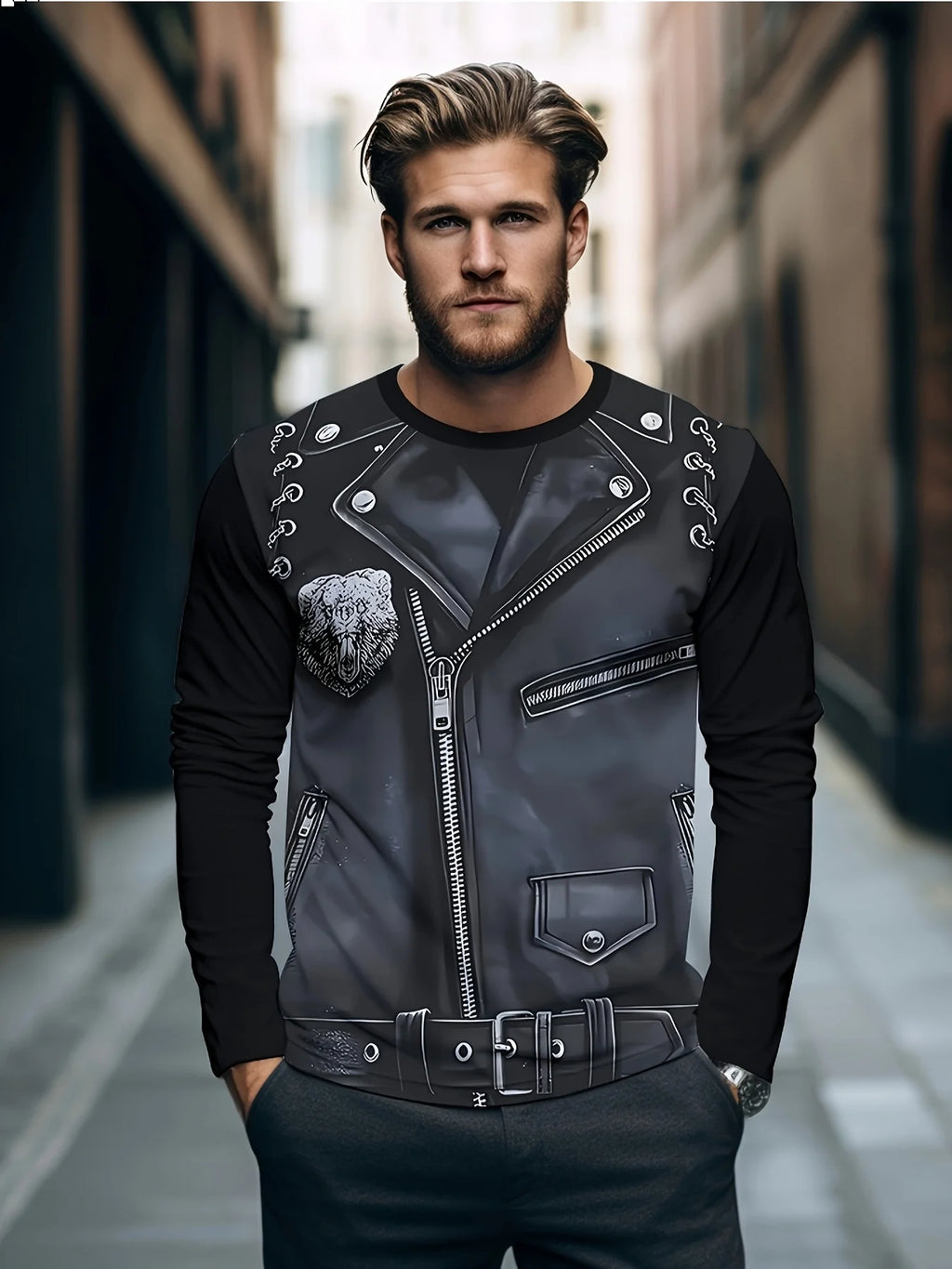 Men's 3D Digital Print Long Sleeve T-Shirt Casual Imitation Zipper Leather Pattern Breathable Novelty T-Shirt 2026 Gift Choice