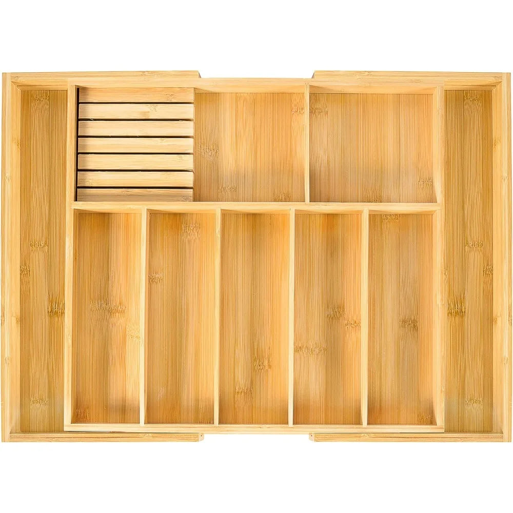 Extra Large Kitchen Utensil Holder, Bamboo Silverware Drawer Organizer, Expandable Cutlery Organizer with Knife Block