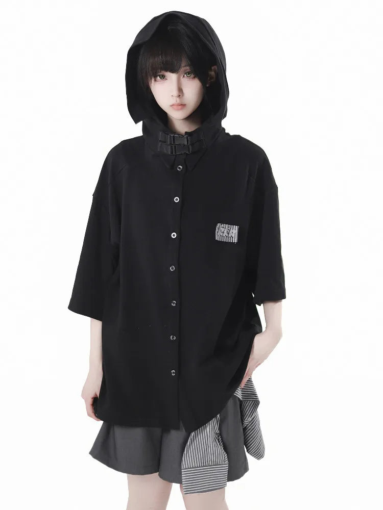 Neutral Design Vest Hooded Jacket Apricot Gray Casual Suit Summer Daily Versatile Casual Hooded Short-sleeved Jacket Shorts Suit
