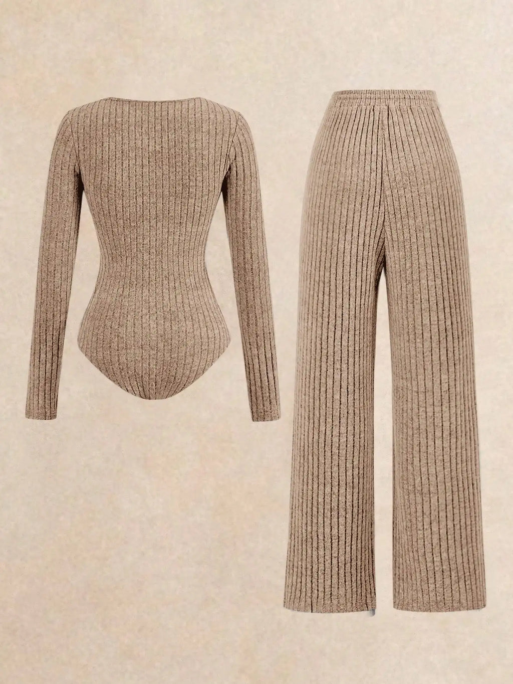 Ribbed 2-Piece Set: Long Sleeve Bodysuit & Wide Leg Pants for Casual Loungewear, Autumn Winter
