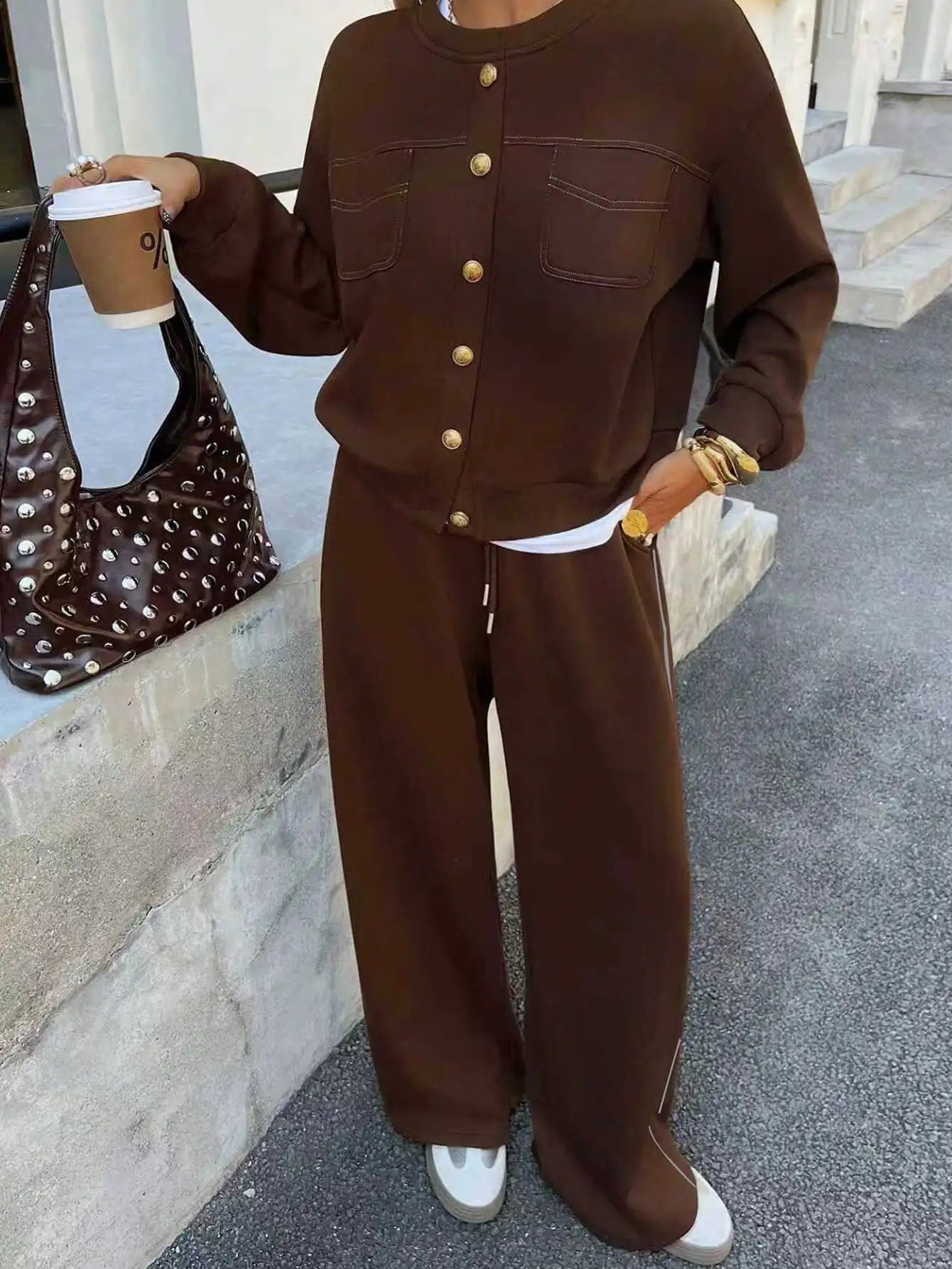 Brown Drop Shoulder Button Front Jacket & Wide Leg Pants 2 Piece Set for Casual Fall Outfits
