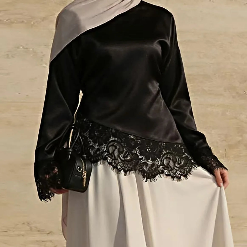 Elegant Satin Lace Patchwork Tops Women 's Slim Belted Waist-cinching O-neck Long Sleeves Female Shirt 2026 Spring Lady Fashion