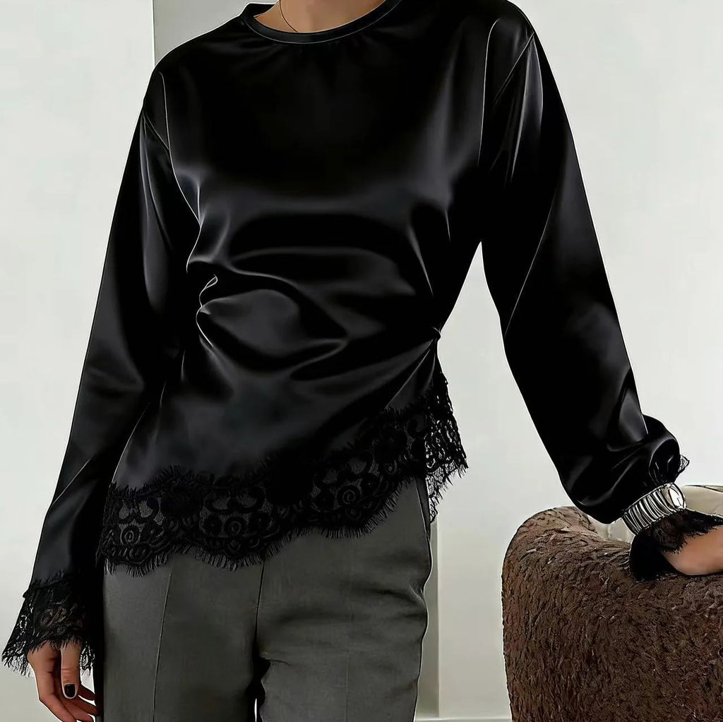 Elegant Satin Lace Patchwork Tops Women 's Slim Belted Waist-cinching O-neck Long Sleeves Female Shirt 2026 Spring Lady Fashion