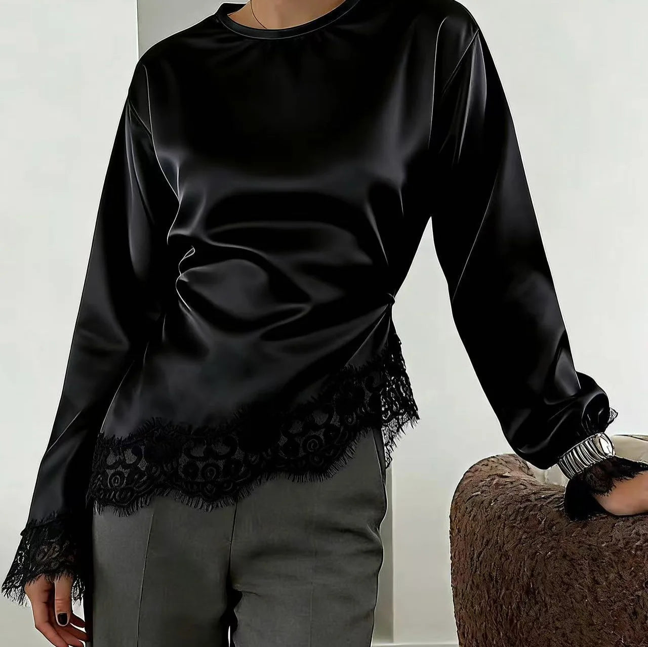 Elegant Satin Lace Patchwork Tops Women 's Slim Belted Waist-cinching O-neck Long Sleeves Female Shirt 2026 Spring Lady Fashion