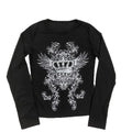 Crown wing print ribbed INS long sleeved top 2026 women's black slim fit Gothic Y2K dark street style T-shirt