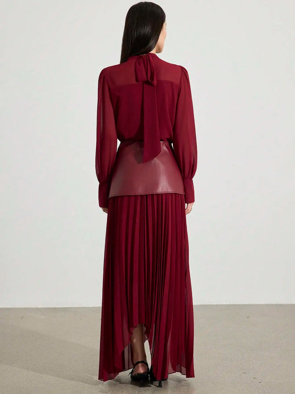 2pcs Women's Elegant Chiffon Long Sleeve Top & Pleated Skirt Set, Autumn Style
