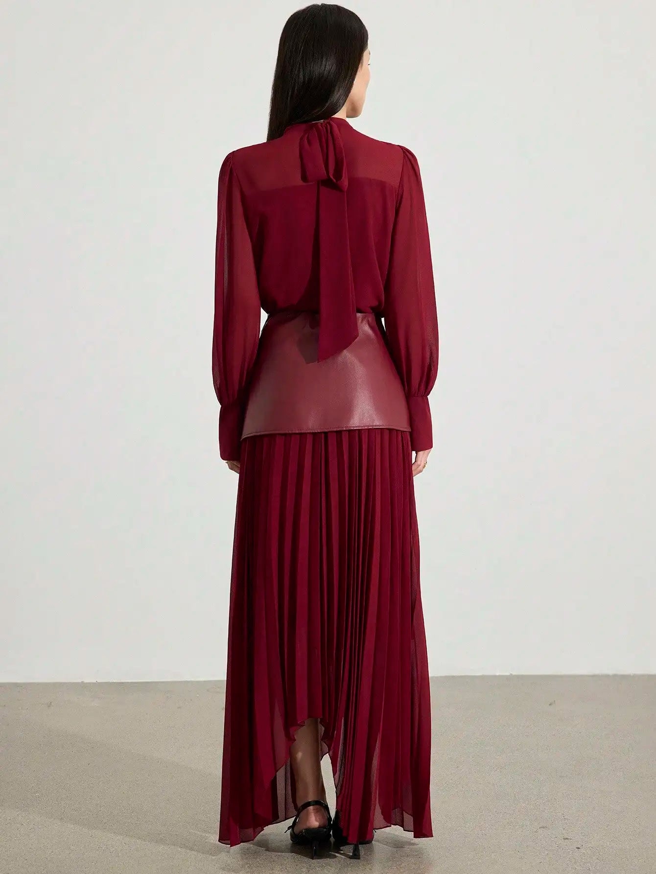 2pcs Women's Elegant Chiffon Long Sleeve Top & Pleated Skirt Set, Autumn Style