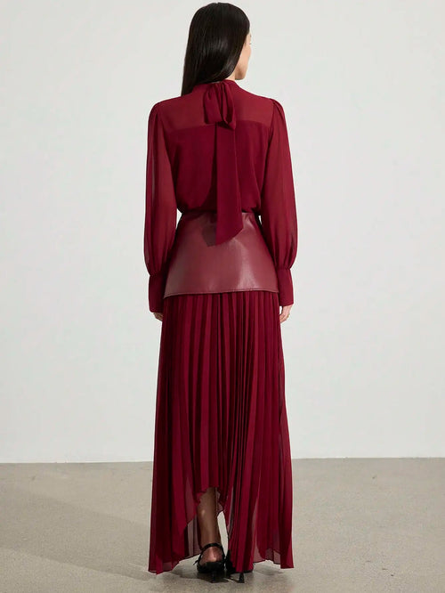 2pcs Women's Elegant Chiffon Long Sleeve Top & Pleated Skirt Set, Autumn Style